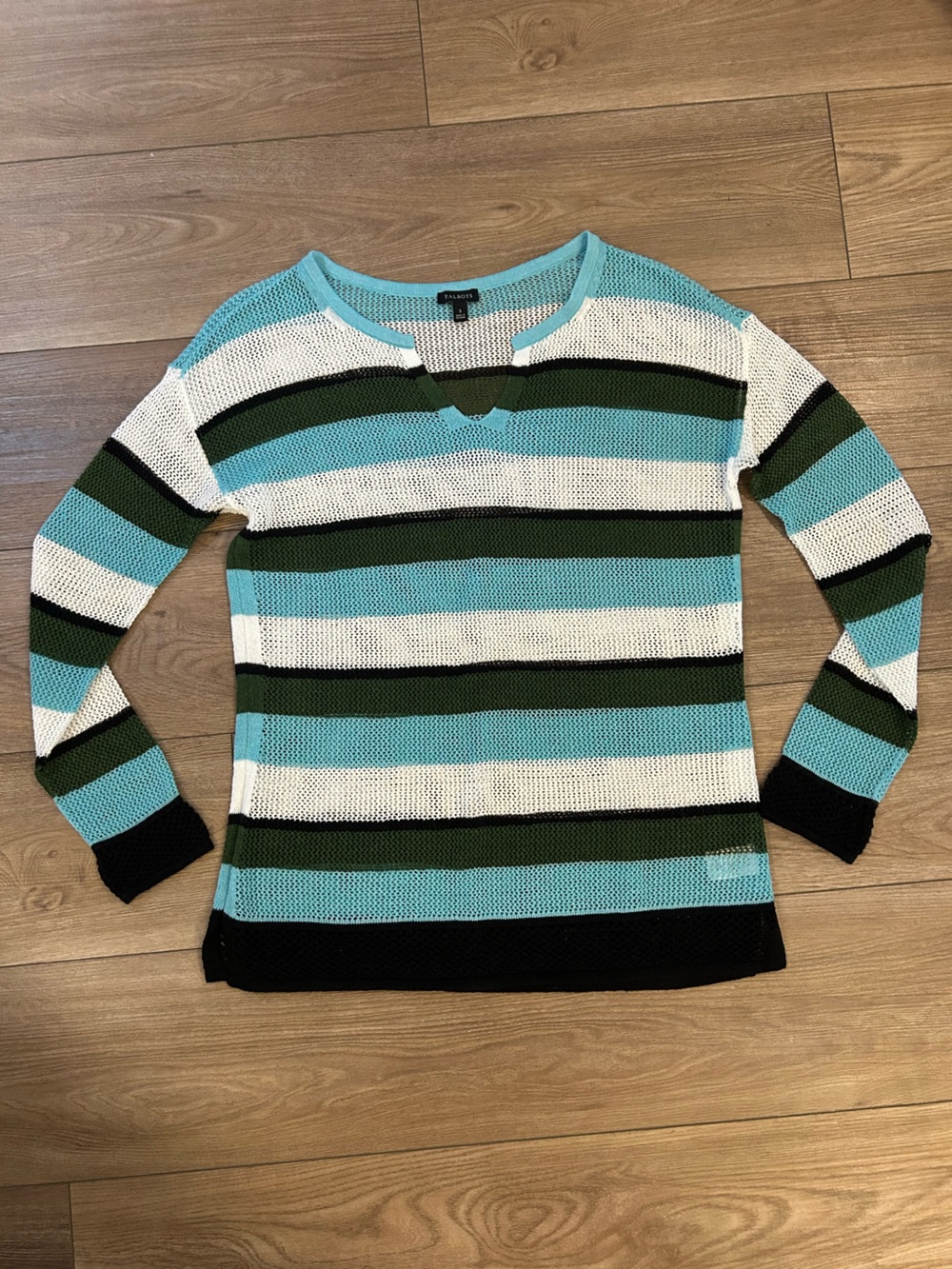 Talbots Linen Blend Striped Open Knit Sweater Blue Black White S